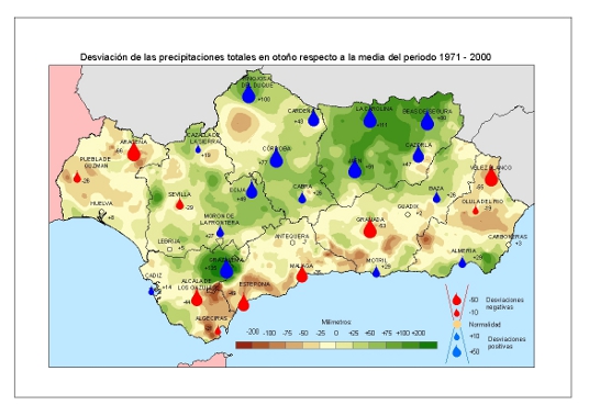 Desviación de las precipitaciones en otoño respecto a la media del periodo 1971 – 2000 