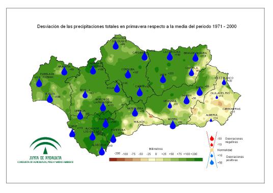 Desviación de las precipitaciones en primavera respecto a la media del periodo 1971-2000