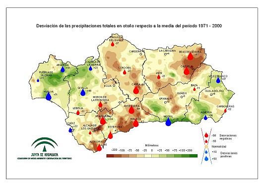 Desviación de las precipitaciones en Otoño respecto a la media del periodo 1971-2000