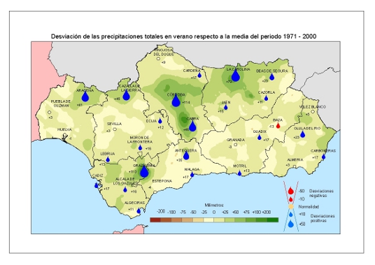 Desviación de las precipitaciones en verano respecto a la media del periodo 1971 – 2000 