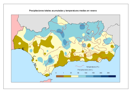 Comportamiento climatológico medio en verano: temperaturas medias y precipitaciones totales 