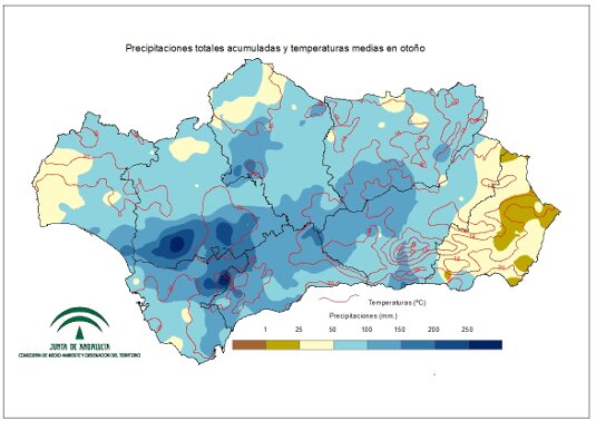 Comportamiento climatológico medio en Otono: temperaturas medias y precipitaciones totales 