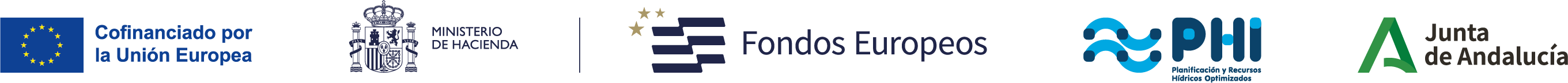 Logos identificativos de cofinanciación por la Unión Europea a través de fondos europeos, con la colaboración del Ministerio de Hacienda y la Junta de Andalucía. Logo del Proyecto Planificación y Recursos Hídricos optimizados