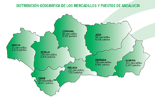 Distribución de mercadillos en Andalucía.