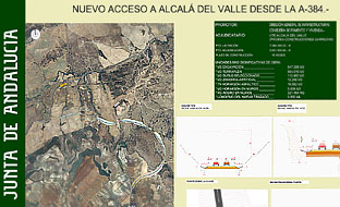 Panel explicativo de las obras de construcción del nuevo acceso a Alcalá del Valle. 