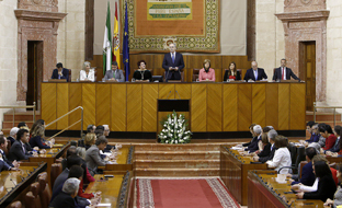 El presidente del Parlamento de Andalucía, Juan Pablo Durán, durante su discurso en el Pleno Institucional de la Cámara autonómica con motivo del 28F.