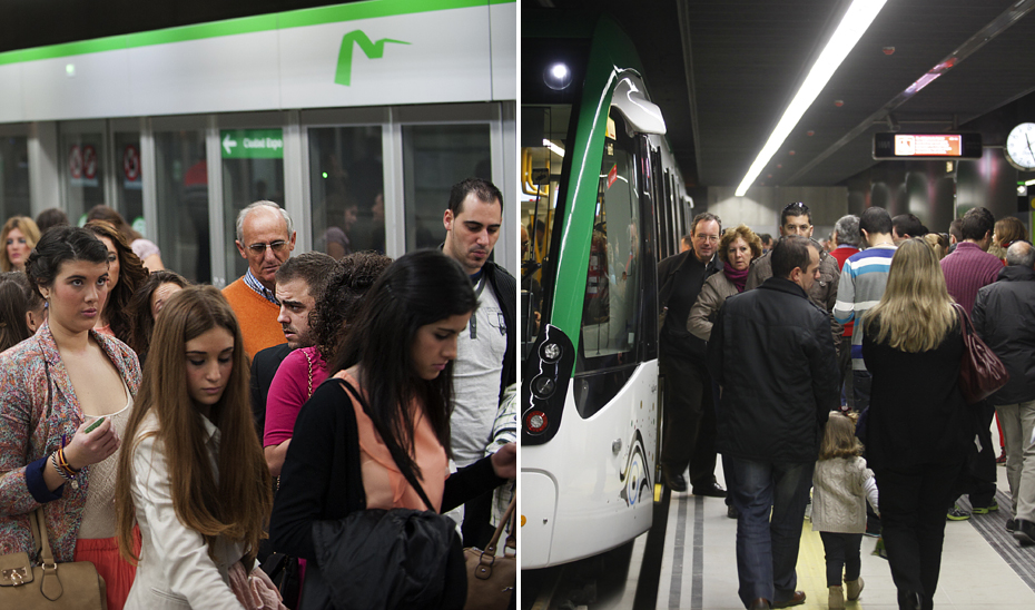 Viajeros en los metros de Sevilla y Málaga.