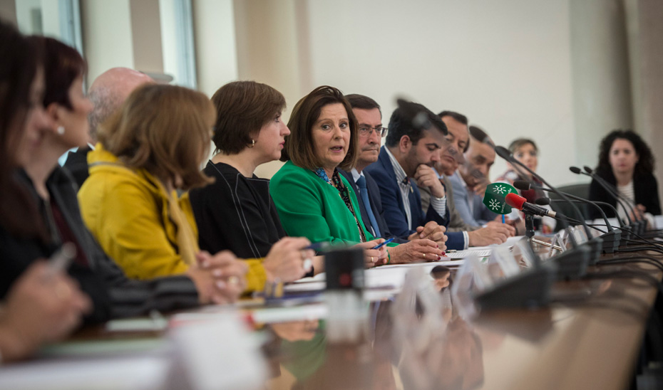 La consejera de Igualdad y Políticas Sociales, María José Sánchez Rubio, durante la firma del acuerdo para dar continuidad al programa de Tratamiento a Familias en la provincia de Granada. 