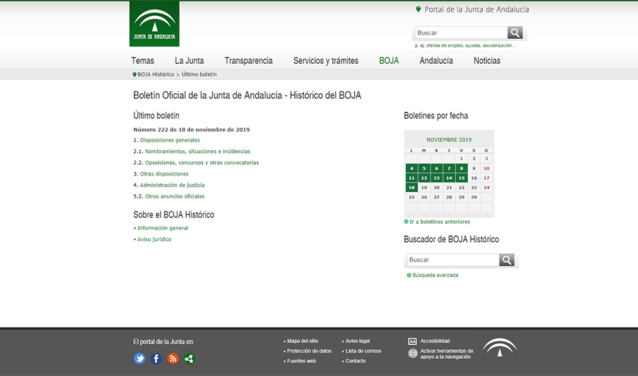 Página del BOJA en el portal de la Junta de Andalucía.