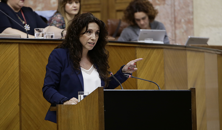 La consejera Rocío Ruiz durante su intervención ante el pleno del Parlamento de Andalucía.
