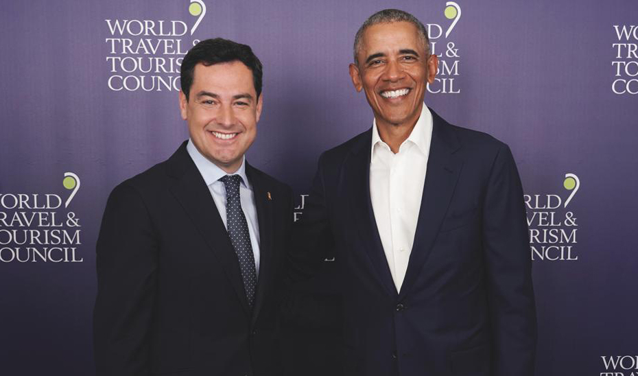 El presidente de la Junta, Juanma Moreno, junto al expresidente de los EEUU, Barack Obama.