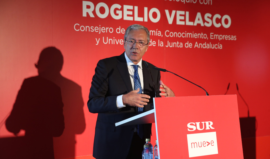 El consejero de Economía, Conocimiento, Empresas y Universidad, Rogelio Velasco, interviene en desayuno-coloquio de Diario Sur.