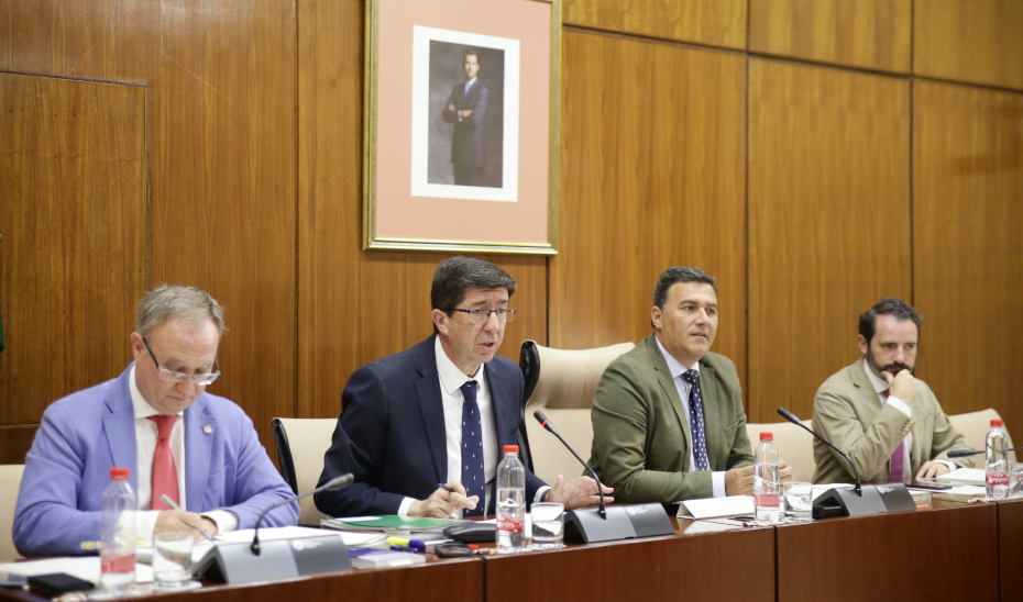 El vicepresidente y consejero de Turismo, Regeneración, Justicia y Administración Local, Juan Marín, en comparecencia parlamentaria.