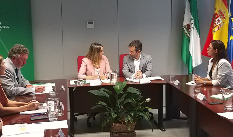 La consejera Marifrán Carazo y el alcalde de Jaén, Julio Millán, en la reunión para desbloquear el tranvía.