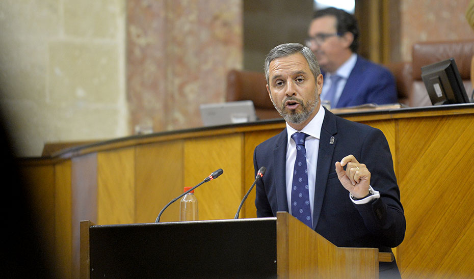 El consejero Juan Bravo durante su intervención en el pleno del Parlamento.