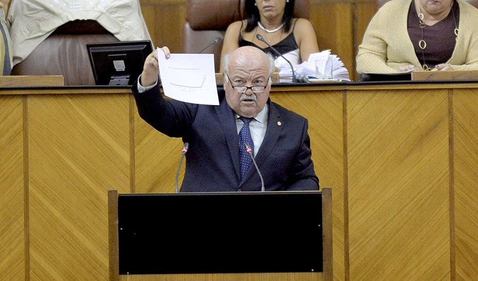 El consejero Jesús Aguirre ante el Pleno de la Cámara andaluza.