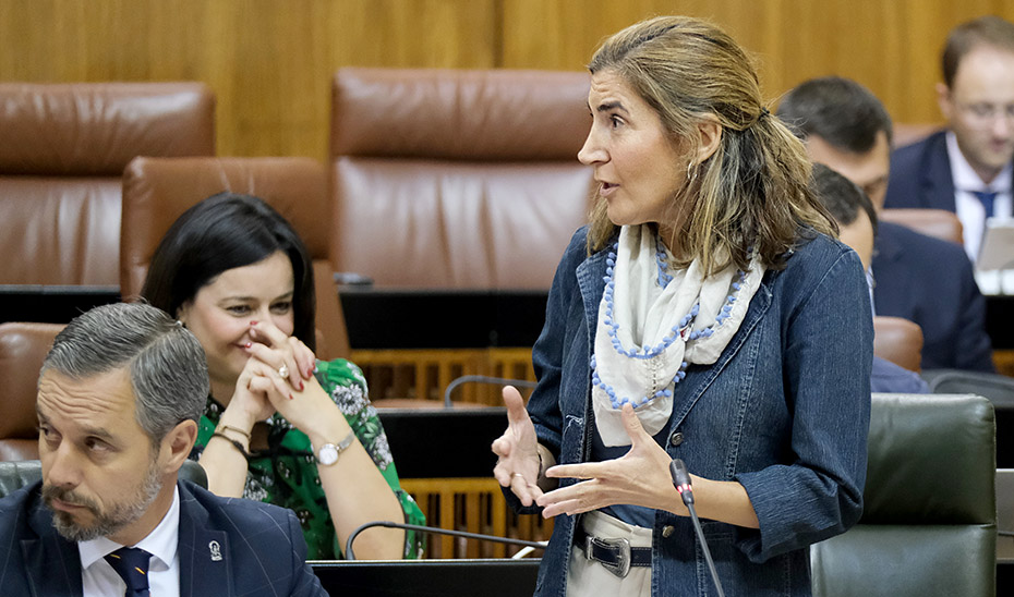 La consejera Rocío Blanco responde desde su escaño a las preguntas de la oposición.
