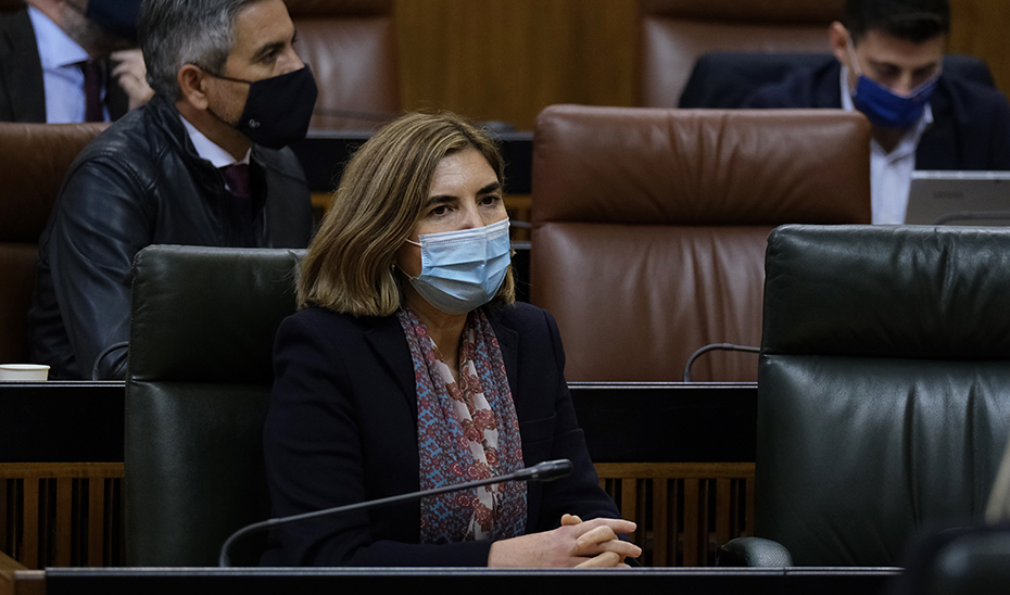 La consejera de Empleo, Rocío Banco, en su escaño, durante un momento del pleno del Parlamento andaluz.