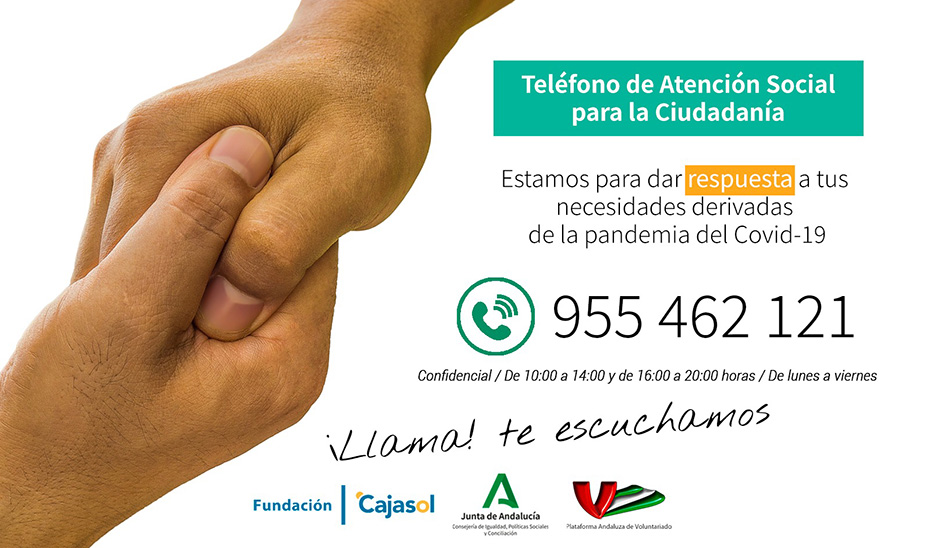 Cartel anunciador del nuevo teléfono  social puesto en marcha por la Consejería de Igualdad y la Fundación Cajasol ante la pandemia.