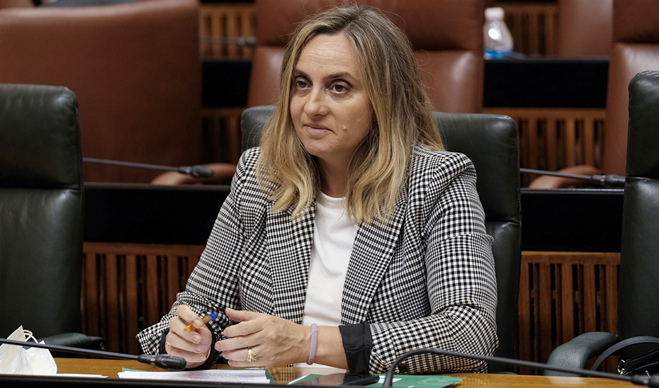 La consejera Marifrán Carazo en su escaño en el Parlamento de Andalucía.