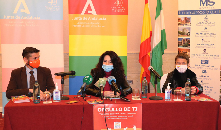 La consejera de Igualdad, Políticas Sociales y Conciliación, Rocío Ruiz, durante la presentación en Torremolinos de la campaña para sensibilizar y concienciar de los derechos de las personas LGTBI en Andalucía.