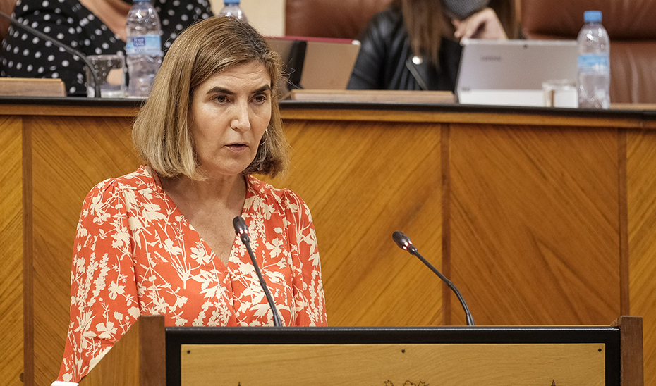 La consejera Rocío Blanco, durante la sesión plenaria de este miércoles en el Parlamento de Andalucía.