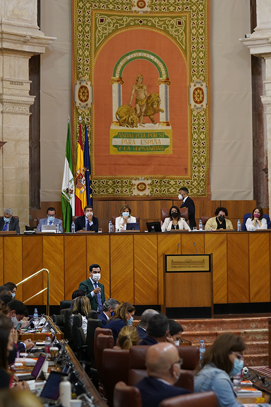 Vista general del salón del Plenos del Parlamento, durante la intervención de Juanma Moreno.