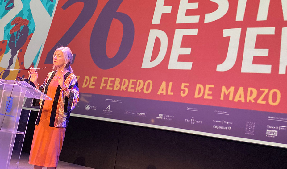 La consejera de Cultura y Patrimonio, Patricia del Pozo, presentando este viernes la XXVI edición del Festival de Flamenco de Jerez de la Frontera.