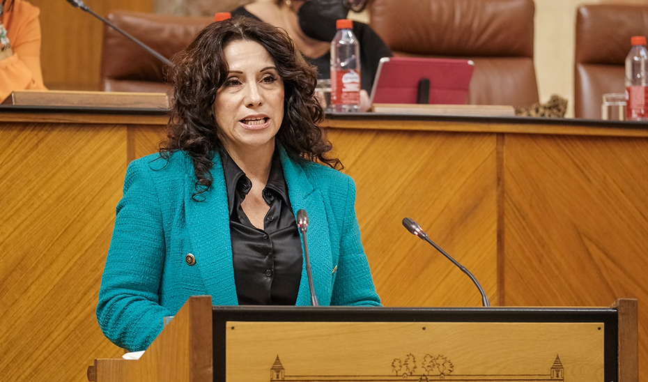 Rocío Ruiz, desde la tribuna del salón del Plenos del Parlamento, se dirige a los diputados andaluces.