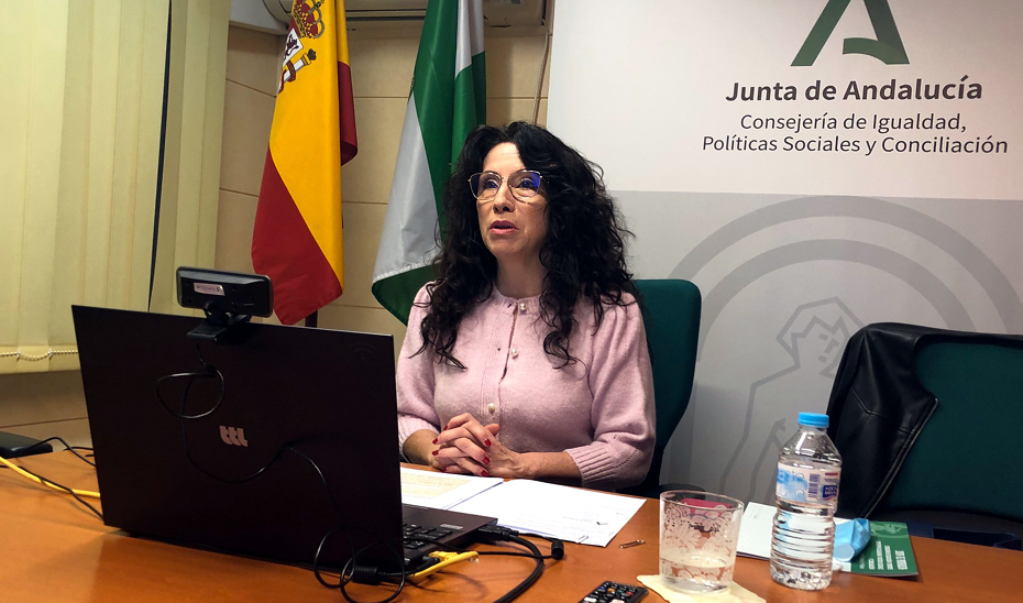 La consejera Rocío Ruiz durante la reunión telemática del Consejo Andaluz de Cooperación para abordar las líneas de actuación internacional en el marco de la crisis por el coronavirus.