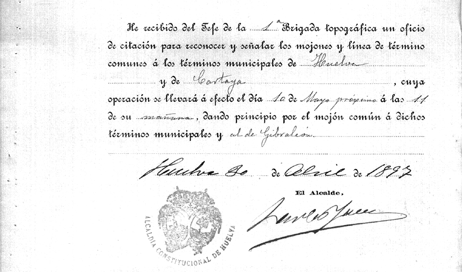 Citación al alcalde de Huelva en 1897 para determinar los límites territoriales de Huelva, Cartaya y Gibraleón.
