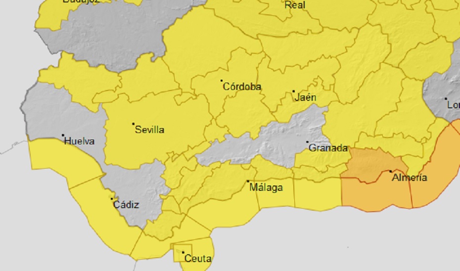 Mapa meteorológico de AEMET con los avisos naranjas y amarillos activos durante el día de hoy.