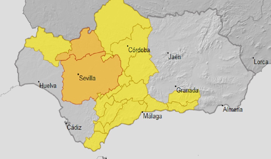 Mapa meteorológico de AEMET con los avisos naranjas y amarillos por lluvias vigentes durante la jornada de hoy.