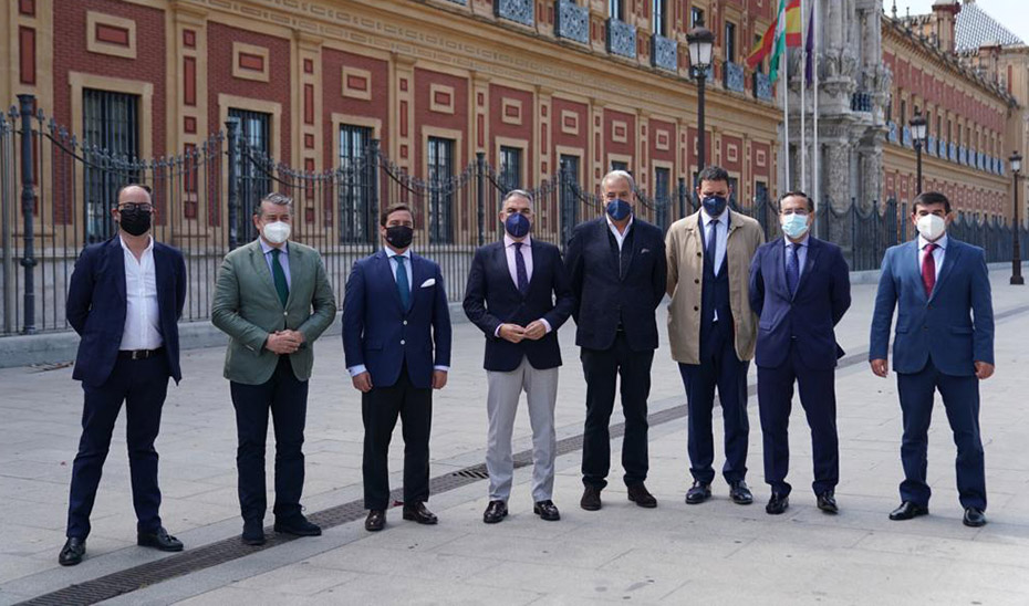 El consejero Elías Bendodo, junto a los representantes del sector taurino, con los que se ha reunido.