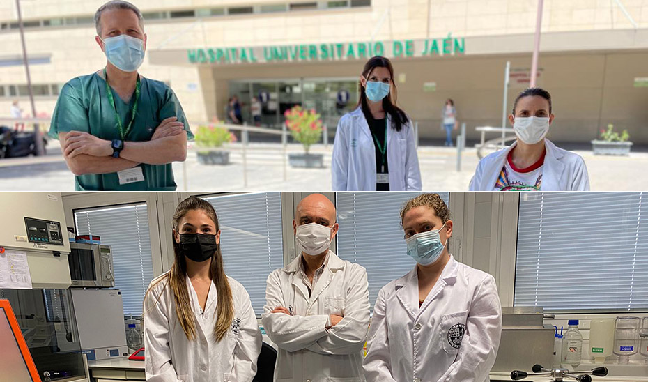 Arriba, profesionales del Hospital de Jaén implicados en el proyecto; abajo, equipo de la Universidad jiennense participante en el mismo.