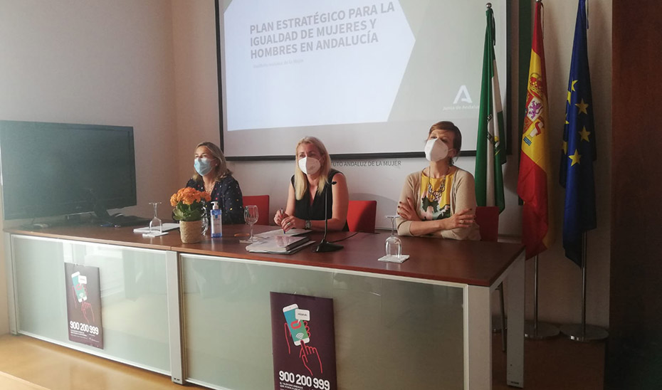 La directora del IAM, Laura Fernández, presentando el borrador del Plan Estratégico junto a Ana Fidalgo y Celia Mañueco.