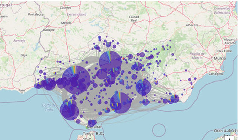 Mapa bioinformático andaluz con detalle de los principales focos de infección con toda la información recopilada.