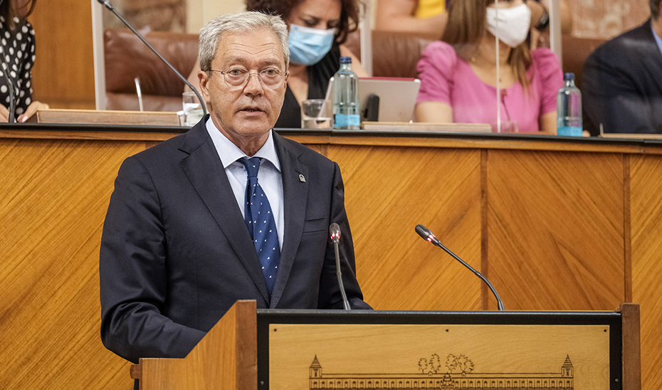 El consejero Rogelio Velasco, durante su intervención ante el pleno del Parlamento de Andalucía.