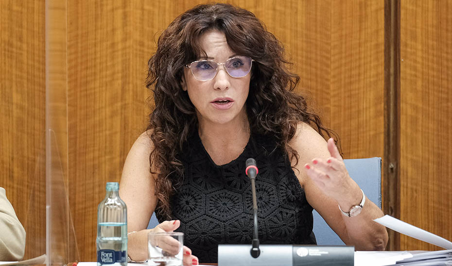 La consejera de Igualdad, Políticas Sociales y Conciliación, Rocío Ruiz, este martes en el Parlamento andaluz compareciendo en comisión.