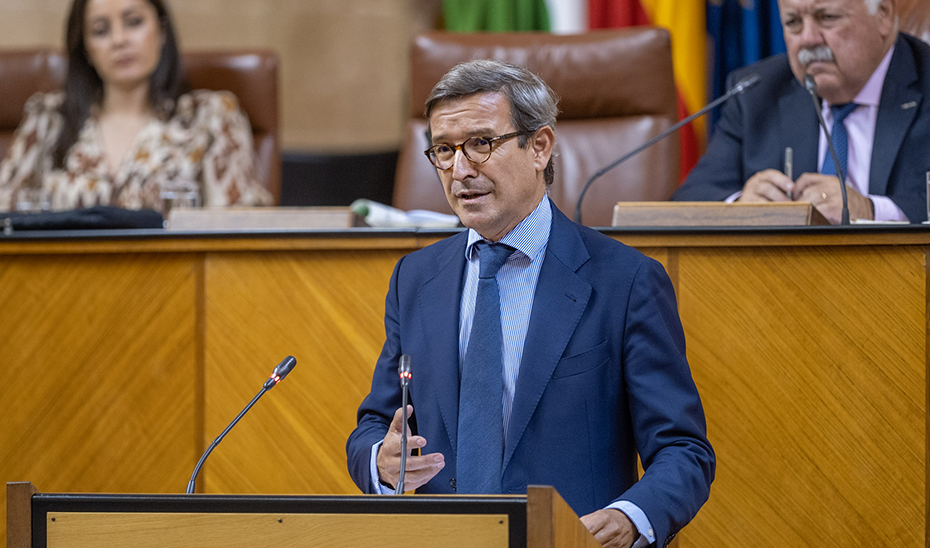 El consejero de Política Industrial y Energía, Jorge Paradela, se dirige desde la tribuna del Parlamento a los diputados andaluces.