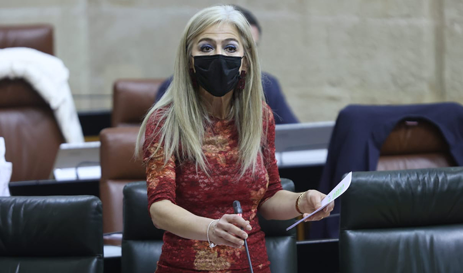 Patricia del Pozo, en el Pleno del Parlamento de Andalucía, durante la sesión de control al Gobierno.