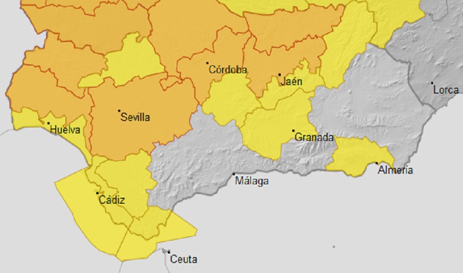 Mapa de AEMET con los avisos naranjas y amarillos previstos para mañana día 12 de julio.