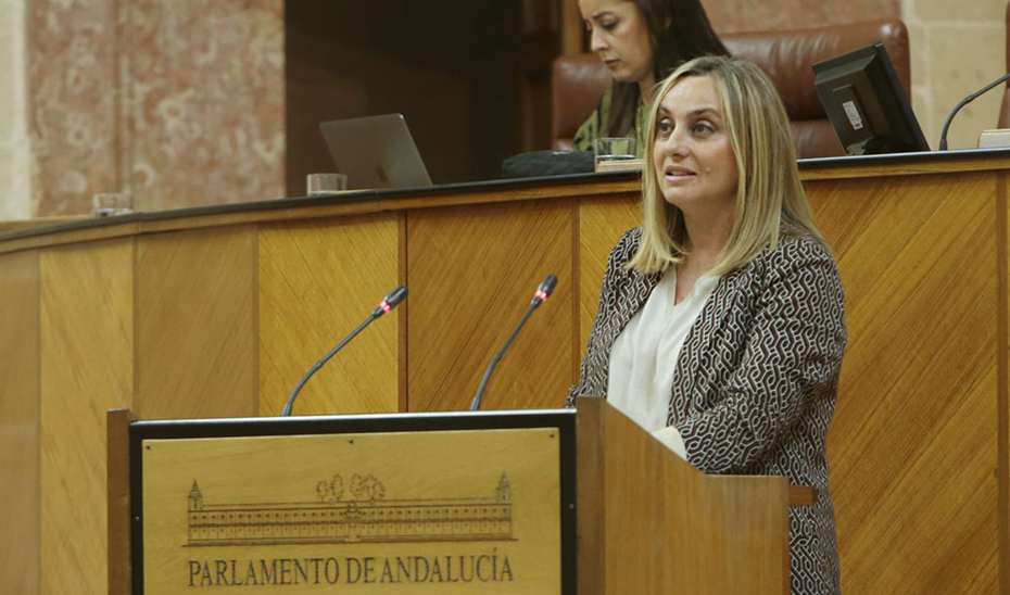 La consejera de Fomento, Marifrán Carazo, se dirige a los diputados andaluces desde la tribuna del salón de plenos del Parlamento.