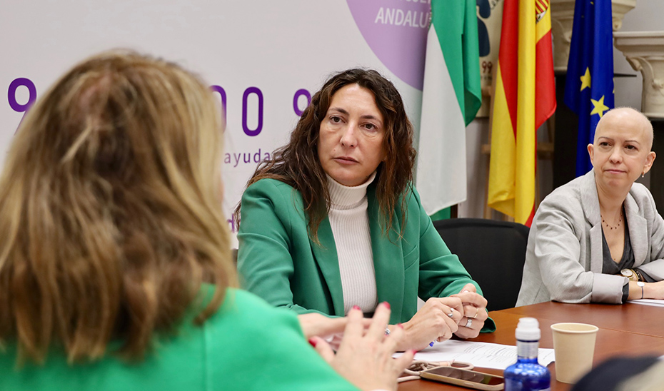 La consejera de Inclusión Social, Loles López, durante la reunión que ha mantenido con la directora del Instituto Andaluz de la Mujer, Olga Carrión, y las coordinadoras provinciales para analizar las Comisiones de seguimiento contra la violencia de género.