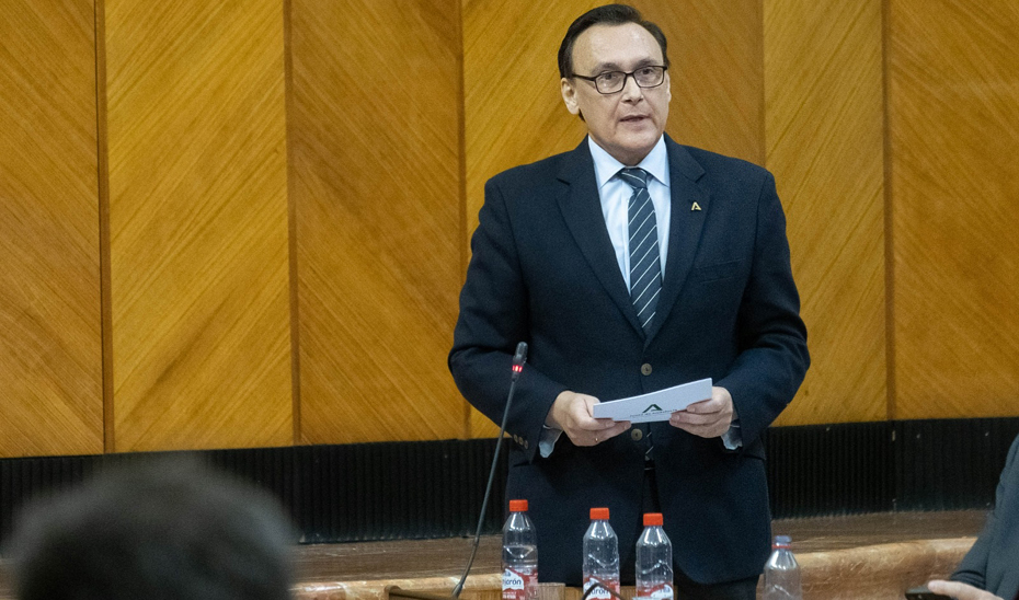 El consejero de Universidad, Investigación e Innovación, José Carlos Gómez Villamandos, durante la sesión de control al Gobierno en el Parlamento andaluz.