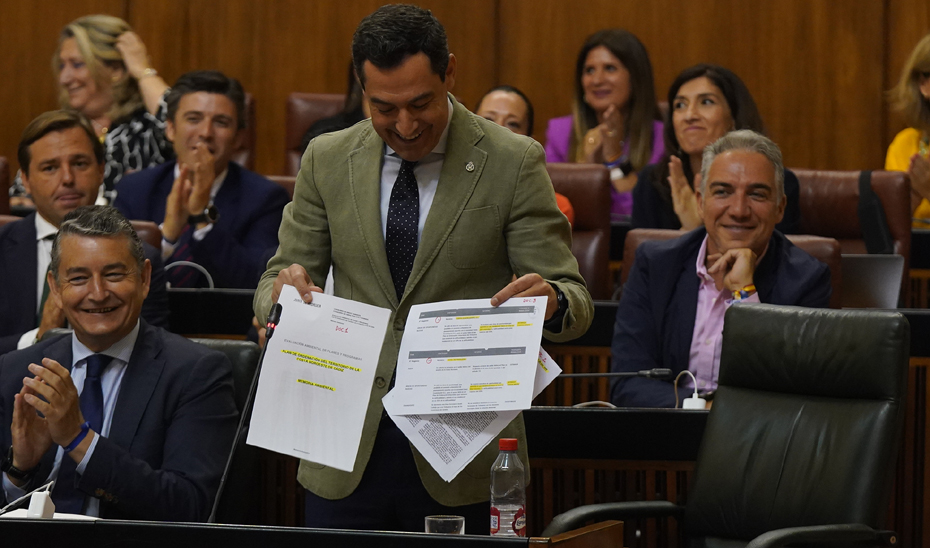 Juanma Moreno muestra una documentación durante su intervención en el Pleno del Parlamento.