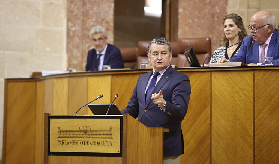 Intervención del consejero de la Presidencia, Antonio Sanz, desde la tribuna del Parlamento de Andalucía.