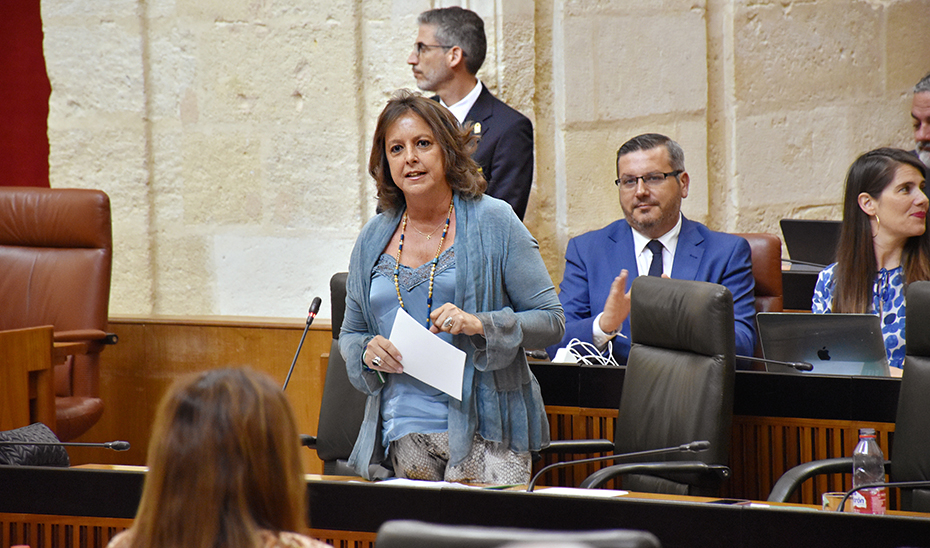 La consejera de Salud, Catalina García, interviene desde su escaño durante la sesión de control al Gobierno, este jueves, en el Parlamento.