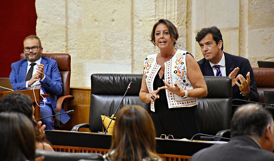 Catalina García, desde su escaño, se dirige a los parlamentarios andaluces durante la sesión de control al Gobierno.