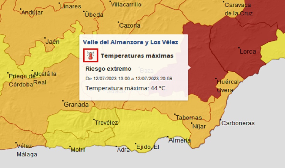 Mapa meteorológico de AEMET con el aviso rojo por altas temperaturas en Almería.